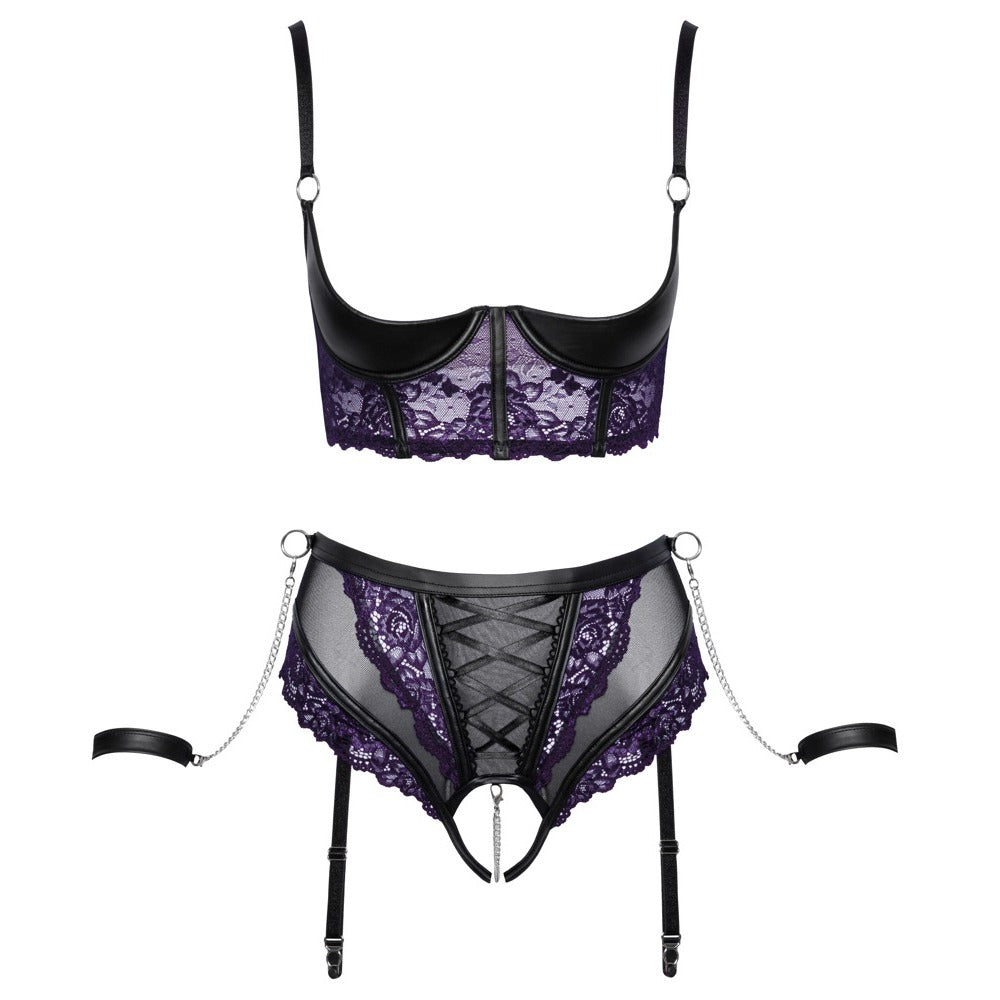 Cottelli Quarter Cup Bra, Suspender Briefs And 2 Handcuffs